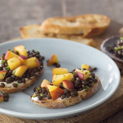 Pickled Peach and Black Beluga Lentil Toasts