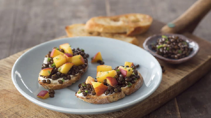 Pickled Peach and Black Beluga Lentil Toasts