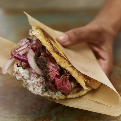 Sweet Plantain & Steak Arepas with Tzatziki Hot Sauce