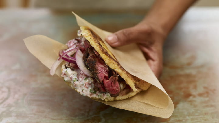 Sweet Plantain & Steak Arepas with Tzatziki Hot Sauce
