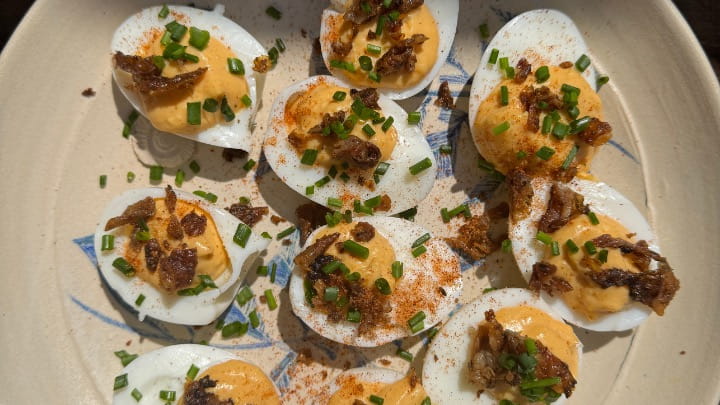 Devilled Eggs with Crispy Chicken Skin
