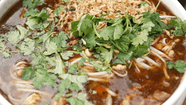 Smoked sesame chicken and garlic noodle broth