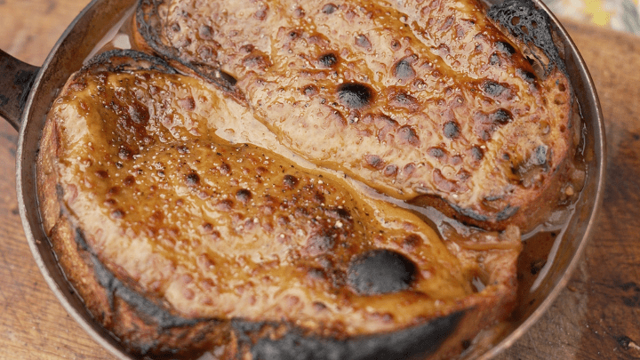 Charred French’s onion soup with stout rarebit croutons