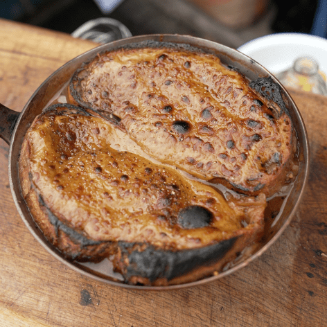 Charred French’s onion soup with stout rarebit croutons